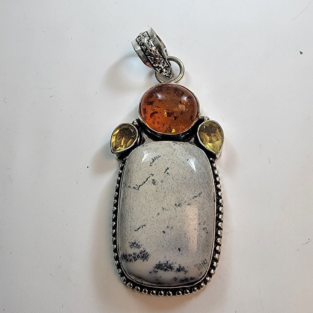 Handmade Necklace Pendants Dendritic Opal with Amber and Citrine Sterling Silver